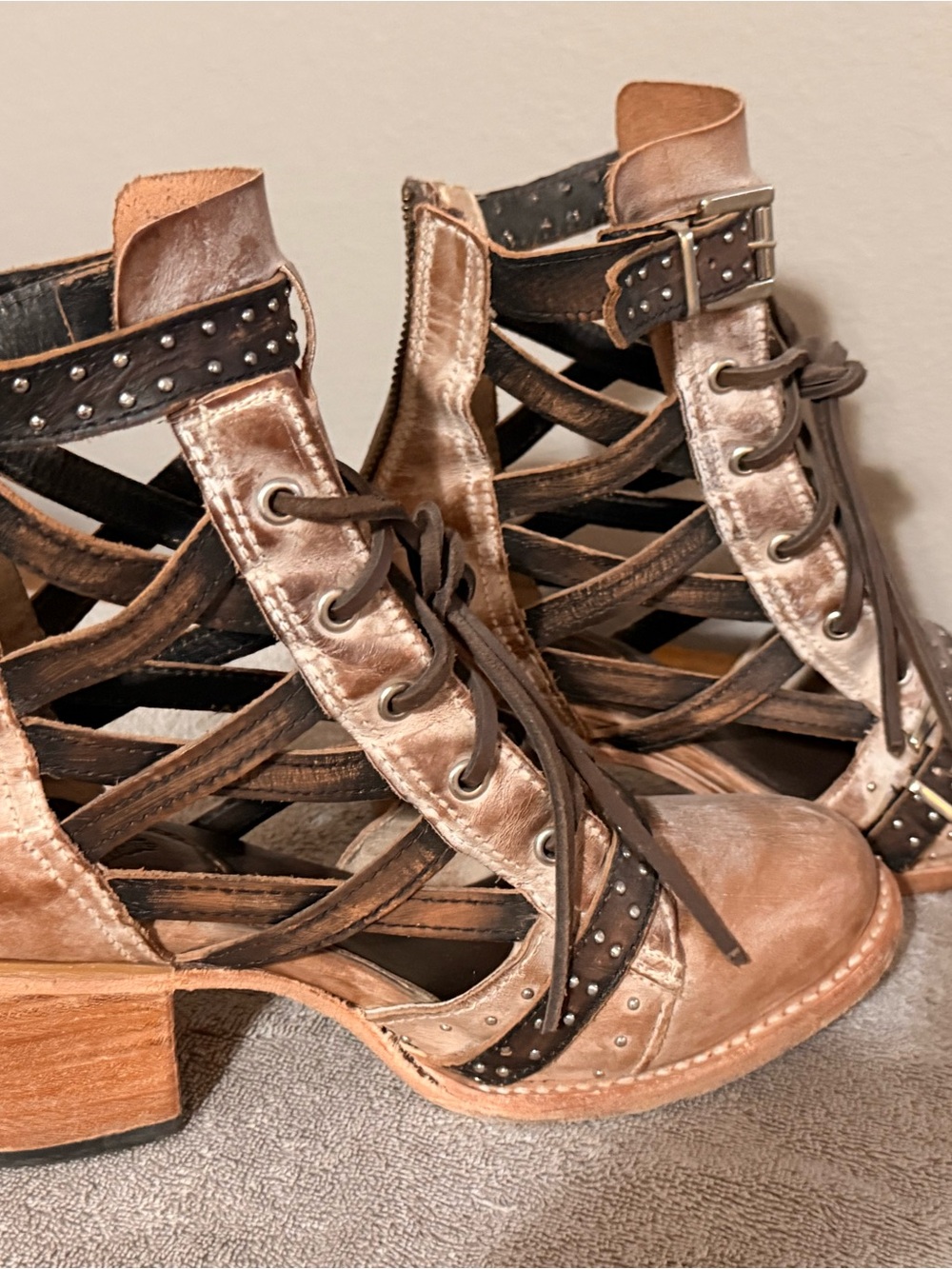 Women's Freebird Brown Strappy Lace-Up Block Heel Sandals